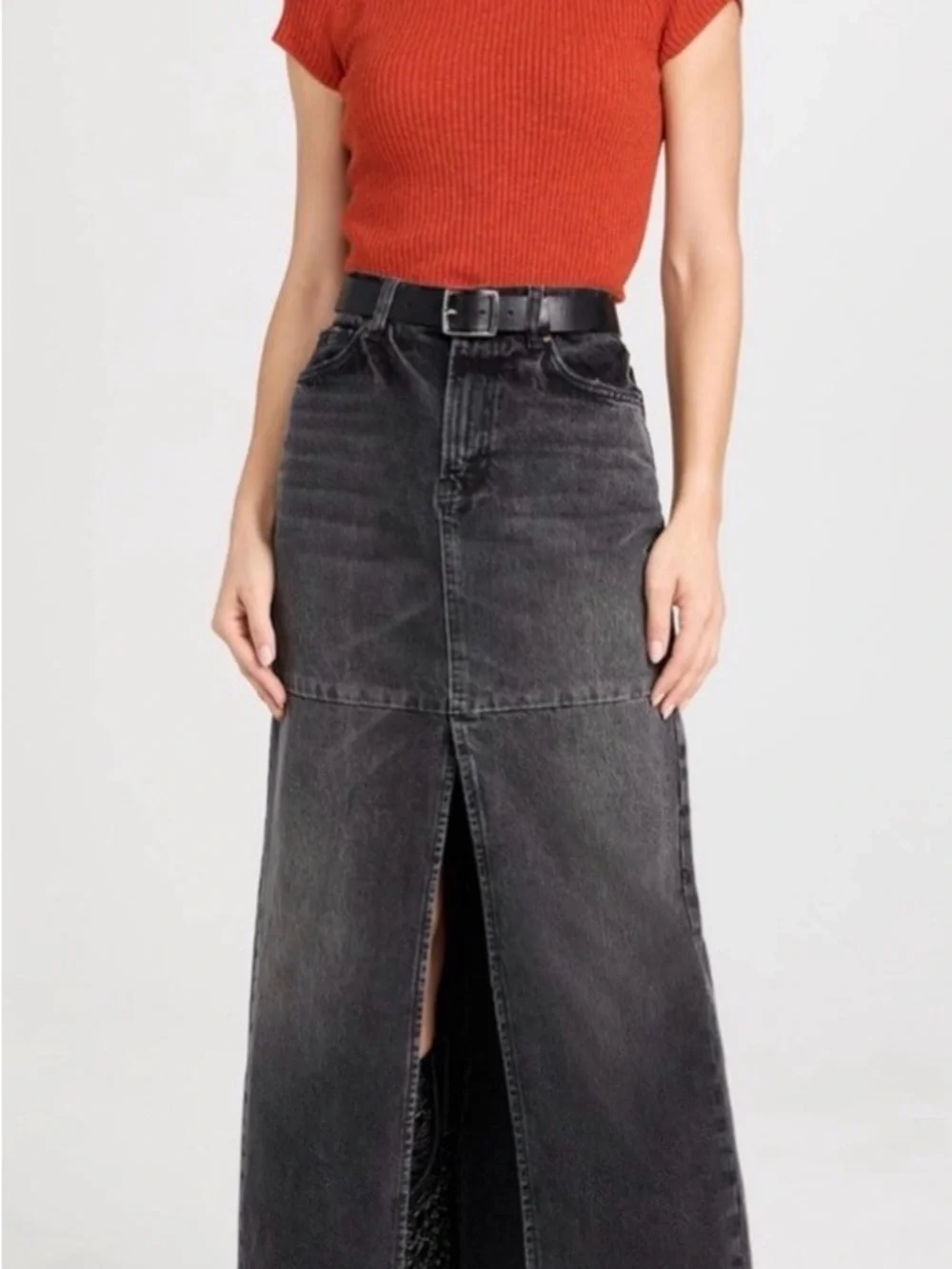 Reformation Tazz Maxi Denim Long Skirt Size 23 Black Wash Front Slit Taw Hem - Picture 2 of 15